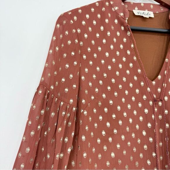 Listicle Rust Brown Gold Metallic Polka Dot Ruffle Long Sleeve Peasant Blouse - Picture 6 of 16